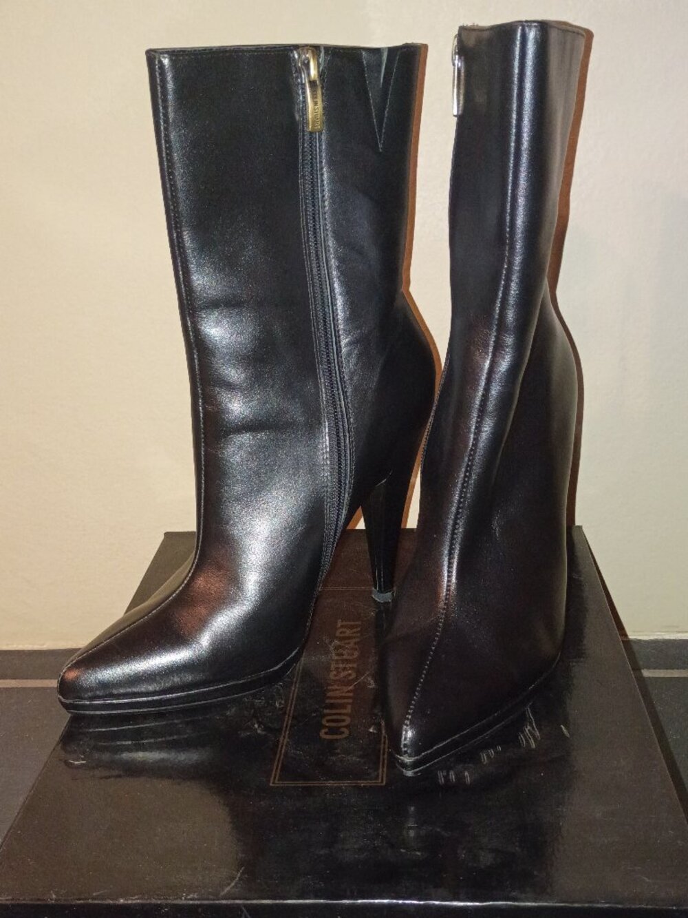 COLIN STUART BLACK LEATHER MID-CALF HEELED BOOTS | SIZE 7B